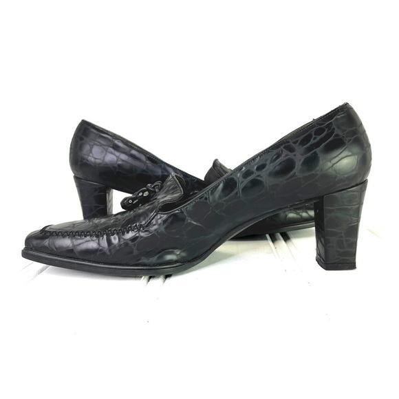 Stuart Weitzman  black leather block heels square toe vintage animal prints 8.5 - Picture 11 of 14